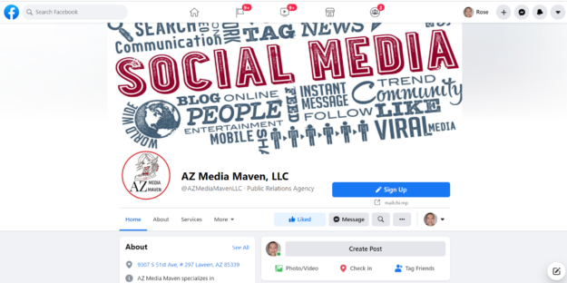 AZ Media Maven's Facebook page is shown as example of Facebook for business.