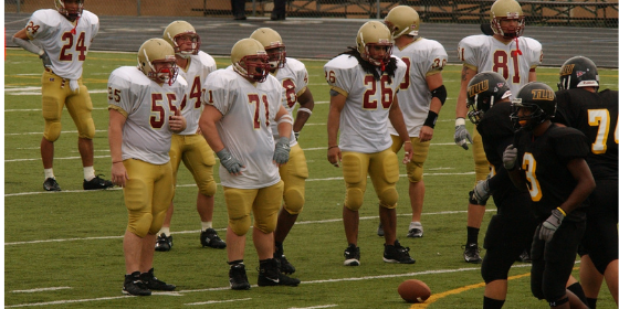 College football players on field.