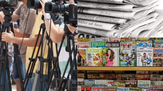 Photo of newspapers, TV cameras, and magazines to illustrate earned media.