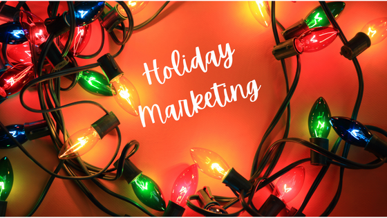 HOlidays lights surround the words Holiday Marketing, the blog topic for AZ Media Maven