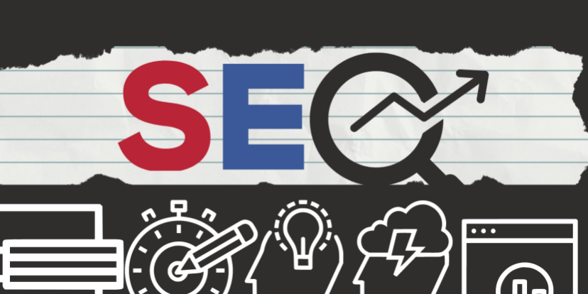 Iluustration with bsackground shows letters SEO in large area on notebookpaper. Gears, lightbulb and other illustrations go acreoss the bottom.