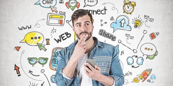 Photo shows a man thinking with a variety of social media options surrounding him.