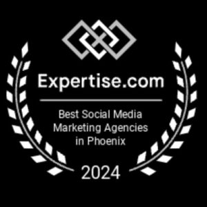 Photos shows a white wreath on a black background with the words Best Social Media Marketing Agency in Phoenix 2024